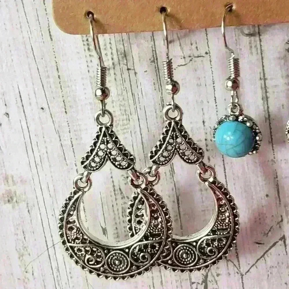 NWT Bohemian Vintage Earrings Silver Alloy Turquoise Bohemian Hippy Western - Picture 5 of 12